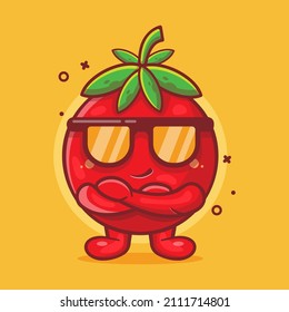 caricatura aislada de mascota, personaje de la fruta del tomate súper genial, de diseño de estilo plano. gran recurso para icono, símbolo, logotipo, pegatina, banner.
