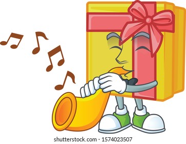 Super cool yellow gift box cartoon character performance with trumpet