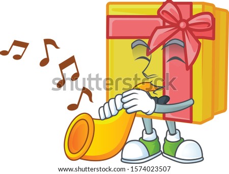 Super cool yellow gift box cartoon character performance with trumpet