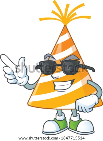 Super cool yellow party hat cartoon drawing style wearing black glasses. Vector illustration