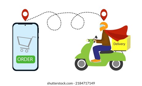 The super courier delivers the order quickly on a scooter with the ability to track it on the card. Delivery with location mobile application. E-commerce concept vector illustration