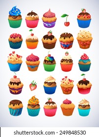 Super cupcake pack. Chocolate and vanilla icing cupcakes. Strawberry and cherry and cream