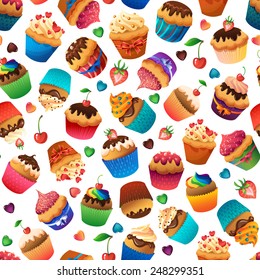 Super cupcake seamless pattern. Chocolate cherry vanilla desserts