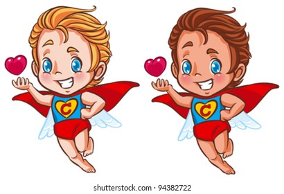 super cupid, angel in a superhero suit holding heart