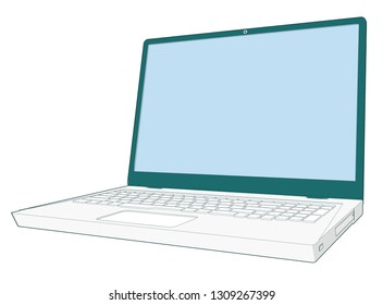 super cute 45 degree angle front side modern illustration of a Laptop open 115 degree blank empty screen DVD Keyboard visible