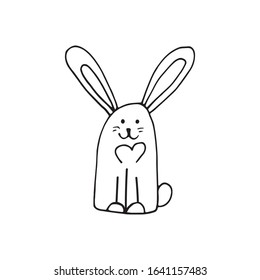Super cute, adorable bunny for easter design. Funny, hand drawn illustration in doodle style for poster, banner, print, decoration kids playroom or greeting card. 