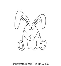 Super cute, adorable bunny with eggs for easter design. Funny, hand drawn illustration in doodle style for poster, banner, print, decoration kids playroom or greeting card. 