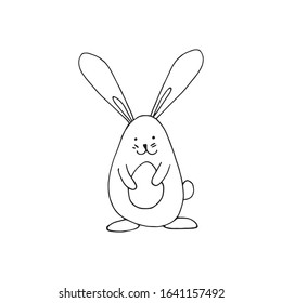 Super cute, adorable bunny with eggs for easter design. Funny, hand drawn illustration in doodle style for poster, banner, print, decoration kids playroom or greeting card. 