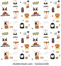 Super cute animal seamless pattern in vector. Trendy illustration with funny animals and cool typography. White background. Panda, bear, zebra, penguin, dog. Scandinavian kids collection