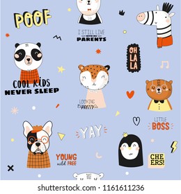 Super cute animal seamless pattern in vector. Trendy illustration with funny animals and cool typography. Blue background. Panda, bear, zebra, penguin, dog. Scandinavian kids collection