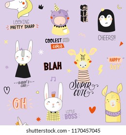 Super cute animal seamless pattern in vector. Trendy illustration with funny animals and cool typography. Color background. Panda, bear, zebra, penguin, dog. Scandinavian kids collection