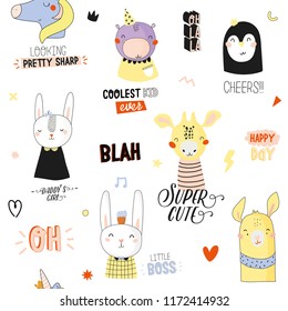 Super cute animal seamless pattern in vector. Trendy illustration with funny animals and cool typography. White background. Scandinavian kids collection