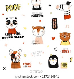 Super cute animal seamless pattern in vector. Trendy illustration with funny animals and cool typography. White background. Panda, bear, zebra, penguin, dog. Scandinavian kids collection
