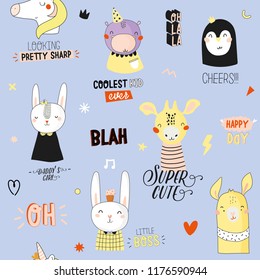 Super cute animal seamless pattern in vector. Trendy illustration with funny animals and cool typography. Color background. Scandinavian kids collection