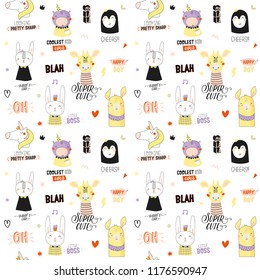 Super cute animal seamless pattern in vector. Trendy illustration with funny animals and cool typography. Color background. Scandinavian kids collection