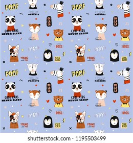 Super cute animal seamless pattern in vector. Trendy illustration with funny animals and cool typography. White background. Scandinavian kids collection