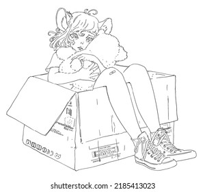 Super cute anime girl with pink hair hugs her favorite teddy bear sitting in a box . she's half human half mouse with huge round ears, She is scared and hides behind her toy. 2d comic art