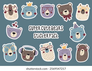 Super cute bears. Hand drawn bears faces sticker set. Animal heads with fancy glasses.