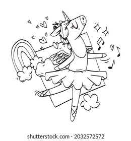 A Super Cute Beautiful Unicorn Ballet Dancer is Dancing Ballerina in Lineart drawing for Children Coloring Book