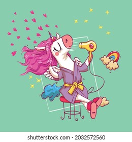 A Super Cute Beautiful Unicorn is Drying Hair after Shower