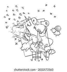 Un unicornio súper lindo se seca el pelo después de la ducha en el dibujo de lino para niños coloreando el libro