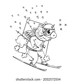 A Super Cute Beautiful Unicorn is Ice Skiing in Lineart Drawing for Children Coloring Book