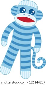 Super cute blue sock monkey based on the original classic toy with whimsical stripes and big googly eyes in the kawaii style.