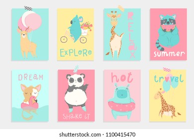 Tarjetas de verano brillantes, afiches, invitaciones a fiestas con animales dibujados a mano. Perfecto para divertidas etiquetas para niños, postales. Color rosa, azul, amarillo. Ilustración vectorial editable en color