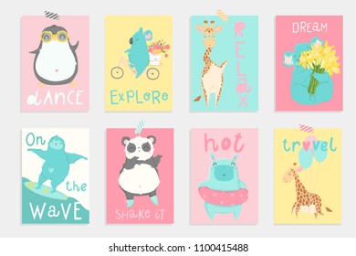 Tarjetas de verano brillantes, afiches, invitaciones a fiestas con animales dibujados a mano. Perfecto para divertidas etiquetas para niños, postales. Color rosa, azul, amarillo. Ilustración vectorial editable en color