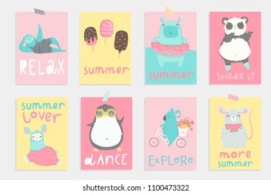 Super cute bright summer cards, posters, party invitations set with hand drawn cartoon animals. Perfect for fun kids tags, postcards. Pink, blue, yellow colors. Colorful editable vector illustration