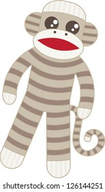 Super cute brown sock monkey based on the original classic toy with whimsical stripes and big googly eyes in the kawaii style.