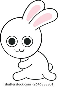  super cute cartoon bunny with big round eyes, pink ears, and a playful pose that looks like it’s about to hop with excitement!