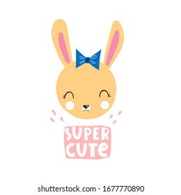 super cute. Cartoon bunny, hand drawing lettering, decor elements. Colorful vector illustration for kids, flat style. baby design for cards, t-shirt print, poster