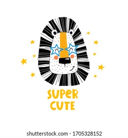 super cute. cartoon lion, hand drawing lettering, decor elements. flat style, colorful vector for kids. baby design for cards, poster decoration, t-shirt print