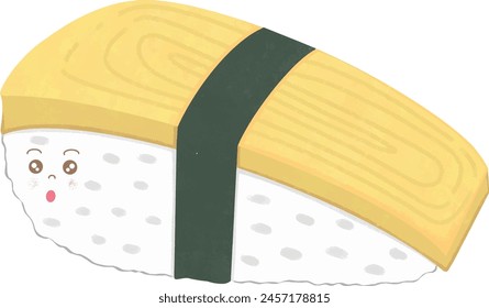 It's a super cute cartoon Tamagoyaki sushi with vector illustrations.