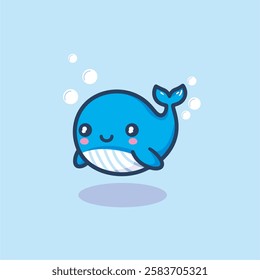 Super Cute Chabi Whale Happy expression. kawaii style vector illustration. Kids tee print design. Pet Animal Icon in flat cartoon style