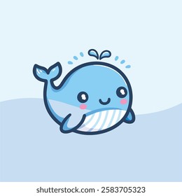 Super Cute Chabi Whale Happy expression. kawaii style vector illustration. Kids tee print design. Pet Animal Icon in flat cartoon style