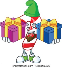 Super cute christmas candy cane cartoon design with Christmas gifts