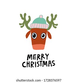 Super cute christmas deer in a hat. Merry Christmas lettering sign. Isolated on white background. Lovely design for card, poster, postcard. Stock vector illustration drawn by hand.