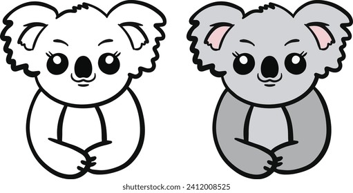 Super cute chubby Koala Illustration - Colored Illustration - Black and white isolated set 