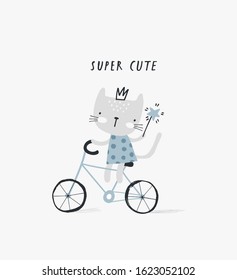 Super cute: doodle vector illustration with cute little kitty on bike for kids. For autumn greeting cards, t-shirt prints, scrapbook. Fashion baby print in gray and blue colors.
