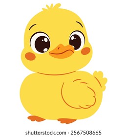 Super cute duckling with big eyes. Flat vector illustration in simple childish style. White background 