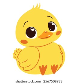 Super cute duckling with big eyes. Flat vector illustration in simple childish style. White background 