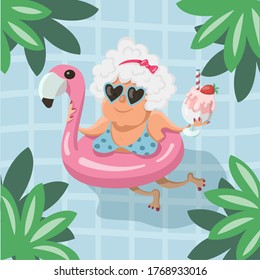 A super cute, fashionable, well-groomed old woman swims in a swimming pool with a strawberry cocktail in a air Inflatable circle flamingo. Vector illustration in cartoon style.