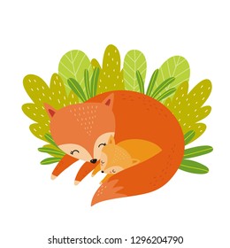 Super Cute Fox - Mom And Baby. Happy Mother's Day. Vector Illustration With Cute Fox Family