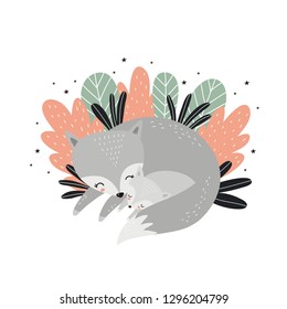 Super Cute Fox - Mom And Baby. Happy Mother's Day. Vector Illustration With Cute Fox Family