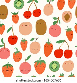 Super cute Fruits vector pattern. Spring seasonal fruits in cartoon childish style - Peach, Cherry, Strawberry, Grapefruit, Kiwi. Fresh organic food background.