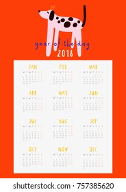 Super cute and fun Calendar for 2018. Year of the Dog monthly calendar. Printable calendar design.