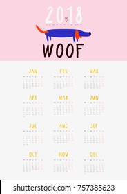 Super cute and fun Calendar for 2018. Year of the Dog monthly calendar. Printable calendar design.
