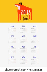 Super cute and fun Calendar for 2018. Year of the Dog monthly calendar. Printable calendar design.
